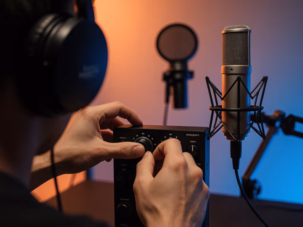 podcast_host_adjusting_mic_gain_knob_while_wearing_headphones